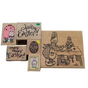 Happy Easter Rubber Stamp Set - Bunny Egg Designs Wood Blocks